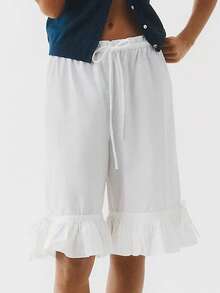 Women Lace Trim Long Elastic Mid Rise Ruffle Pantaloons Cropped Flared Slips Pants Pajama - 白色 - 查看 5
