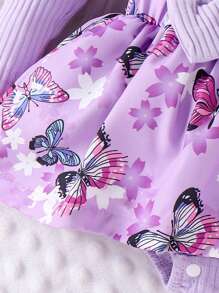 Baby Girl 2pcs Set Sweet Butterfly & Flower Print Ruffle Hem Long Sleeve Bodysuit Dress With Bow Hair Tie - Purple - View 8