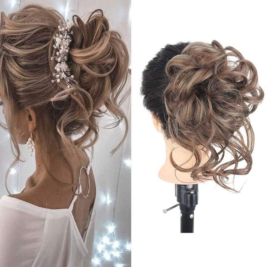 Moño de pelo negro con scrunchie, moño, moño desordenado, piezas de cabello, piezas de cabello despeinado, piezas de cabello para mujeres y niñas (negro natural) - #18H10 (Rubio platino mixto rubio fresa) - Ver 1