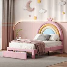 Twin Size Rainbow Velvet Bed - Princess Style Upholstered Platform With Hidden Storage Drawer, Playful Pink & Multicolor Accents