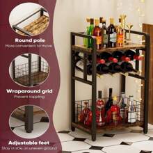 Ansionsol 3-Tier Wine Rack Freestanding Floor With Wood Top, Liquor Stand With Wine Bottle Holder, Corner Mini Bar Table For Small Space, Metal Whiskey Shlef For Kitchen, Cellar, Living Room, Black