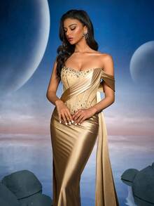 Anymoon 奢华时尚水钻装饰胸围高腰伴娘礼服，适合音乐节、毕业典礼、返校节、派对、鸡尾酒会等 - 金色 - 查看 11