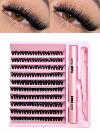 200片/200片*2 DIY睫毛嫁接套装，单簇睫毛，D型卷翘，8-16毫米混合长度，包含睫毛胶水、封层剂和睫毛嫁接工具，方便在家进行睫毛嫁接