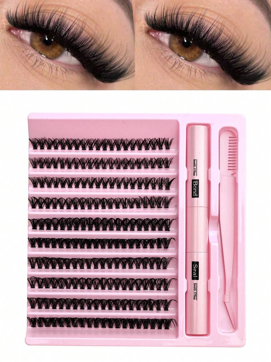 200片/200片*2 DIY睫毛嫁接套装，单簇睫毛，D型卷翘，8-16毫米混合长度，包含睫毛胶水、封层剂和睫毛嫁接工具，方便在家进行睫毛嫁接