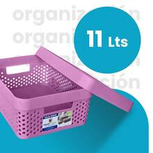 Kit 2 cajas organizadoras tapa plástico modernas 11L almacenamiento orden closet ropa accesorios hogar apilable resistente diseño contemporáneo fácil transportar - Lila Púrpura - Ver 9