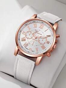 1/14pcs Women's PU Leather Strap Minimalist Three-Eye Roman Scale Dial Quartz Watch Set, Gift For Lover (No Box) - Rose Gold - View 2
