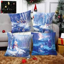 1 Piece Blue Christmas Decoration Square Pillowcase, Blue Style Christmas Elements Such As Santa Claus, Reindeer, Snowman, Etc., Blue Purple Soft Pillowcase For Christmas Parties, Home Decoration Christmas Decorations, Christmas Cushion Covers, Christmas Room Decorations, Christmas Gifts