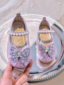 1 双女童软底皮革玛丽珍鞋，闪亮蝴蝶结和水钻装饰，适合 3-12 岁公主 - 紫色 - 查看 4