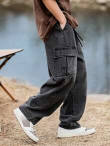 CARGO JEANS Pants With Side POCKET Adjustable Waist Wide Long Unisex - Grey - View 1