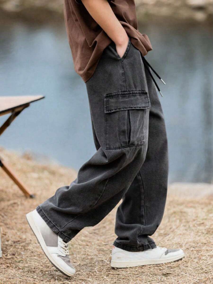 CARGO JEANS Pants With Side POCKET Adjustable Waist Wide Long Unisex - Grey - View 1