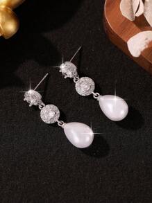 jealous young 1 pereche de cercei lungi rafinați cu zirconiu cubic rotund cu perle artificiale, potriviți pentru banchet, bal, petrecere, cadou