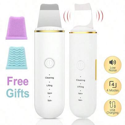 Ultrasonic Skin Cleansing Tool - USB Rechargeable, Vibration Face Scraper Blackhead Remover, Spatula Exfoliating Facial Lifting Beauty Tool, Affordably-Priced Skincare Device, Includes 2 Silicone Heads