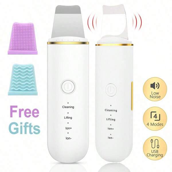 Strumento di pulizia della pelle a ultrasuoni - Ricaricabile USB, raschietto vibrante per il viso per rimuovere i punti neri, spatola per esfoliare e sollevare il viso, dispositivo di cura della pelle a prezzo accessibile, include 2 teste in silicone