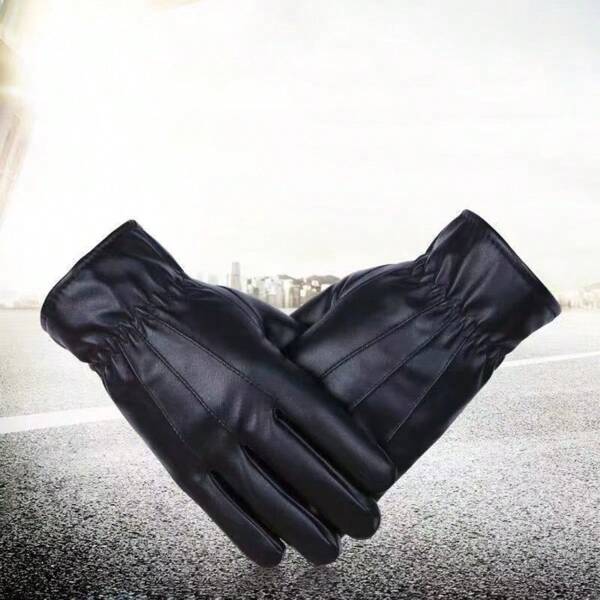 1 Pair Men's Warm Thermal Lined PU Leather Gloves, Waterproof Anti-Slip Outdoor Cycling Driving Gloves With Cuffs, Winter