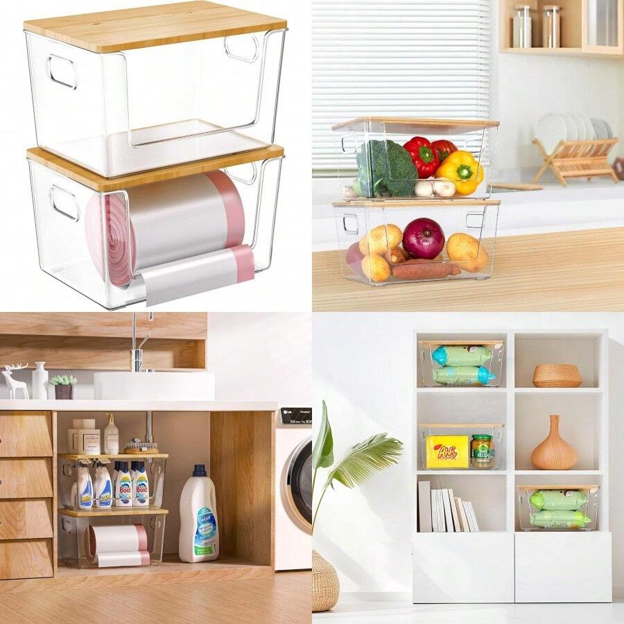 2 Set Pantry Organizer And Storage Stackable Trash Bag Dispenser Clear Acrylic Kitchen Counter Pantry Baskets For Potato Onion Produce Fruit Vegetable Snack Trash Bag Holder With Bamboo Lid