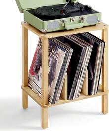 LELELINKY 2-Tier Bamboo Record Player Stand With Vinyl Record Storage Up To 100 Albums, Boho Bedroom Record Holder And Multi-Functional End Table For Living Room, Natural - White - View 9
