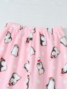 1pc Women's Cute Pink Penguin Print Soft & Comfortable Flannel Lined Fluffy Pajama Pants, Autumn/Winter, Cozy - Pink - View 3