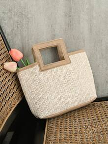 新款欧式编织包，度假草编包，旅行包，时尚便携收纳包，沙滩包，草编手提包，迷你草编手提包，学生购物袋，夏季必备，多功能单品，完美适用于女性、女孩、学生、旅行、度假、海滩、送礼、返校季 - 米色 - 查看 4