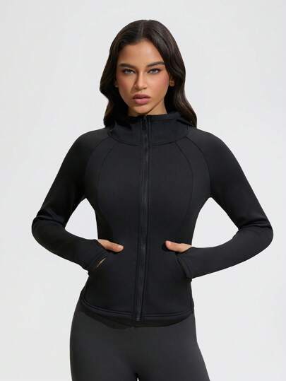 Jaqueta feminina de ioga para outono/inverno, jaqueta esportiva para corrida e ciclismo, jaqueta fitness com forro térmico e manga comprida com abertura para o polegar, blusa com zíper, lã