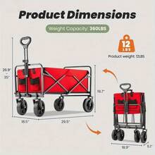 Heavy Duty All-Terrain Red Foldable Wagon, Stainless Steel Frame With 600D Oxford Fabric Material, Portable Multifunctional Camping/ Gardening/ Wheeled Shopping Cart/ No Assembly, Garden Tool Storage Rack, Sturdy Handle Design, Durable Construction, - Red - View 4
