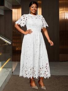 Đầm trắng cỡ lớn, đầm chữ A thanh lịch với ren hoa khoét lỗ dành cho nữ, thích hợp cho tiệc tùng, đám cưới, dịp năm mới và mùa xuân. - trắng - Xem 4