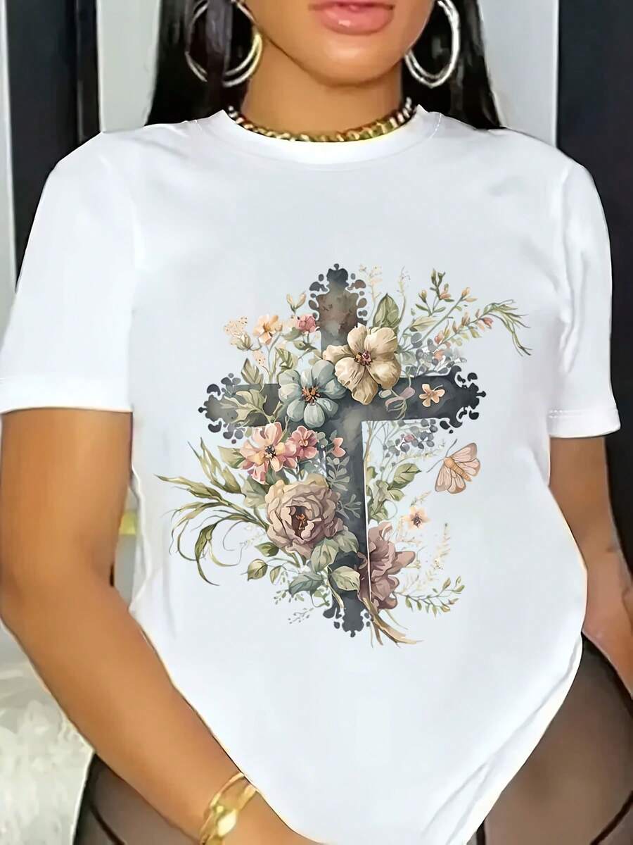 Women's Cotton Floral Print Casual T-Shirt - Short Sleeve Crew Neck Summer Top, Light Botanical Pattern, Machine Washable And Breathable, Suitable For Casual Wear, Women's T-Shirts, Natural Fashion, Seasonal Wear, Comfortable Fabrics, Printed T-Shirts, Fashionable Tops,Women's Plus Size Clothing - trắng - Xem 1