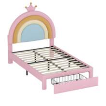 Twin Size Rainbow Velvet Bed - Princess Style Upholstered Platform With Hidden Storage Drawer, Playful Pink & Multicolor Accents