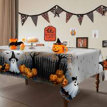 1 件万圣节桌布，南瓜、猫、鬼、蝙蝠，复古风格，圆形和矩形桌布，适合万圣节装饰、秋季装饰、农舍装饰，适合室内外日常聚会、午餐和晚餐使用 - 彩色 - 查看 6
