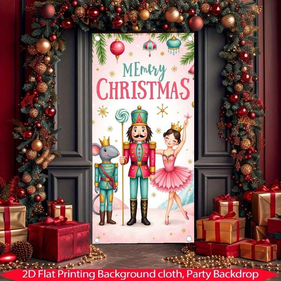 1pc New Year Merry Christmas Photo Backdrop, Featuring Cute Mouse Soldier & Ballerina, Holiday Party Curtain Decor, Winter Celebration Banner, Anniversary Doorway Painting, Photo Booth Prop, New Year Christmas Decoration