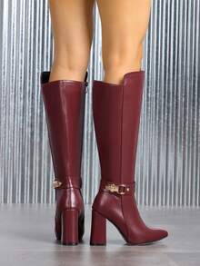 女士新款尖头粗跟时尚酒红色连衣裙靴，带搭扣和侧拉链，过膝长靴，适合秋冬季节，也适合万圣节、圣诞节、感恩节、新年等场合。 - 酒紅色 - 查看 6
