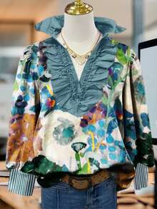 Artistic Watercolor Floral Print Ruffled Casual Shirt With Delicate Ruffled V-Neck And Contrast Neckline For Daily/Office/Home - Nhiều màu - Xem 1