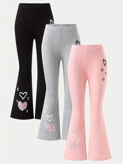 3pcs Girls Flare Pants, Black, Gray And Pink Heart Print Elastic Flared Trousers, Soft Fabric Suitable For Outdoor, Valentine's Day, Sisters Matching, Young Girl Clothing