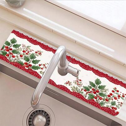 1 pièce/100 pièces Tapis de séchage de vaisselle imprimé de feuilles de gaulthérie, tampon absorbant pour robinet de cuisine et de salle de bain, décoration de table de cuisine et de salle à manger, peut être offert en cadeau de Noël