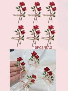 12/10/8/6/4/2 件金属玫瑰餐巾环套装 - 适用于西餐厅，玫瑰花餐巾架适用于母亲节、宴会、派对、婚礼，花餐巾环适用于情人节宴会餐桌装饰，金属玫瑰餐巾架 - 彩色 - 查看 24