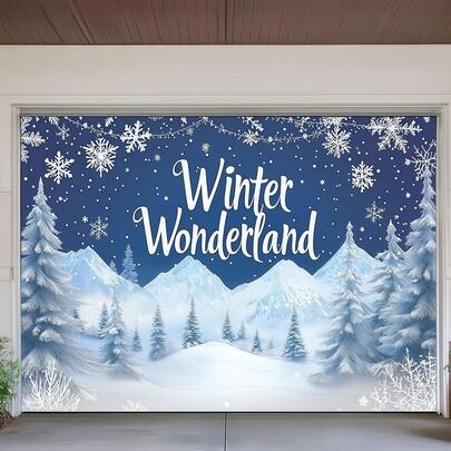 1 冬季仙境梦幻背景，带有雪山和松树设计，非常适合家庭聚会、节日聚会、生日庆祝活动、冬季仙境装饰、摄影道具和家庭花园庭院装饰。