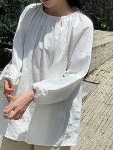 优雅圆领白色宽松长袖女式上衣，飘逸廓形，主教袖，休闲宽松衬衫，全新街头通勤风格，秋季必备 - 白色 - 查看 8