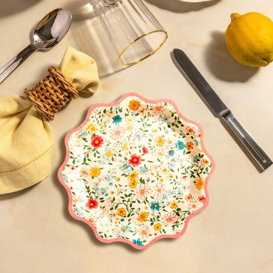 10pcs Floral Paper Plates Vintage Flower Party Supplies 7.5" 9.8" Scalloped Edge Party Plates Napkins Cups Party Decorations Set Suitable For Wedding Bridal Baby Shower Garden Party Tableware