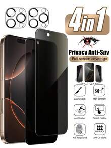 Juego de 4 piezas: 2 protectores de pantalla de vidrio templado anti-espionaje + 2 protectores de lente de cámara 3D, claridad HD 1:1, resistente a arañazos, duradero, apto para iPhone X/XR/11/12/13/14/15/16/16Pro/16Plus/16Pro Max/16e/17 Serie completa, película para teléfono móvil, accesorios para teléfono móvil, apto para funda de teléfono móvil