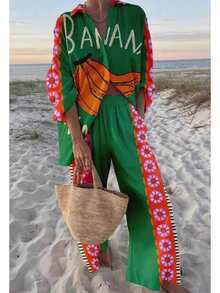 Womens Holiday Style Set Set 2 Piece Print PJs Soft Loungewear Button Down Sleepwear With Elastic Waist Long Pants - 綠色 - 查看 2