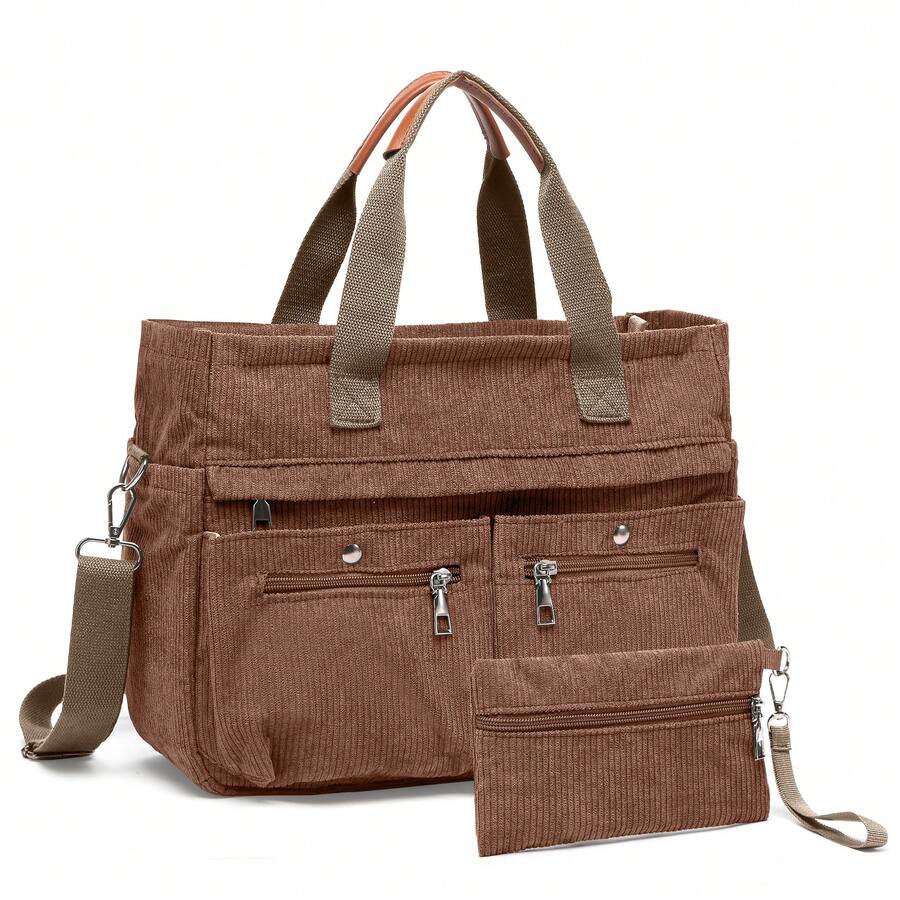 Corduroy Tote Bag Set (2PCS) For Women, Laptop Work Bags Crossbody Shoulder Hobo Messenger Handbag Purse Travel Gym Totes - 棕色 - 查看 1