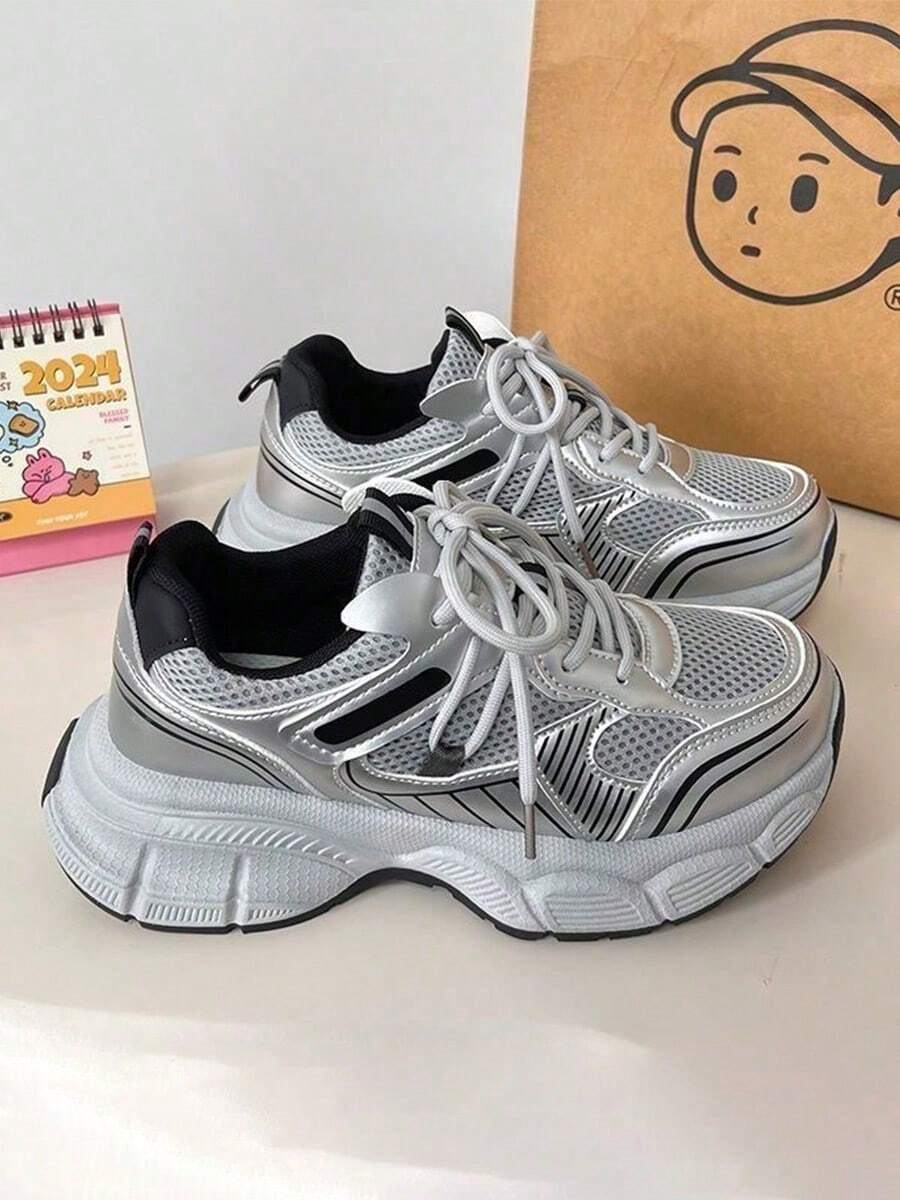 Zapatillas de mujer, zapatillas de running para mujer, zapatillas de moda, cómodas y transpirables, zapatillas de plataforma, resistentes al desgaste, antideslizantes - Plateado - Ver 1