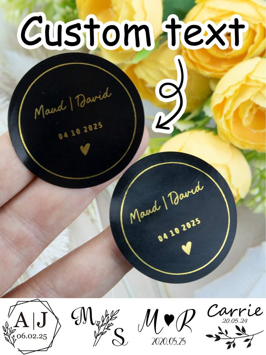 54-540张定制婚礼贴纸、个性化姓名标签贴纸、定制文字圆形贴纸、可定制感谢贴纸、黑色背景烫金贴纸、生日礼物、婚礼配饰、派对装饰、新娘和新郎、情人节、礼盒、周年纪念、女朋友、妈妈、家人 - 風格A - 查看 1