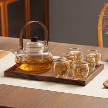 1 Set: 1 Teapot + 6 Cups With Tray, 1 Teapot + 4 Cups With Tray, Heat-Resistant Glass Teapot, Modern Minimalist Walnut Color Flower Tea Pot, Tea Kettle, Tea Pot Set, Suitable For Parties, Gatherings, All Seasons
