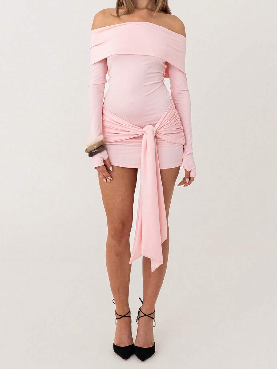 Women's Off The Shoulder Dress Stylish Decorative Belt Solid Long Sleeve Mini Bodycon Dress - 粉色 - 查看 1
