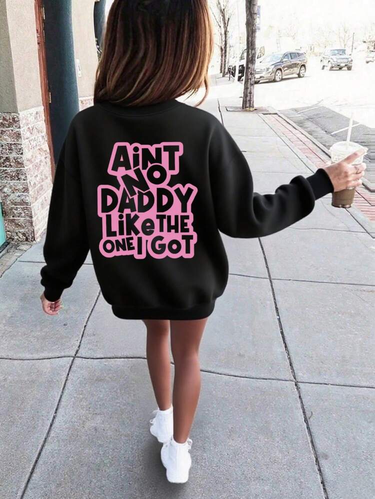 1 件女童休闲印花套头圆领运动衫，秋冬学生青年服装长袖上衣 - 终极圆领运动衫系列，适合每一位年轻潮流引领者 - 黑色 - 查看 1