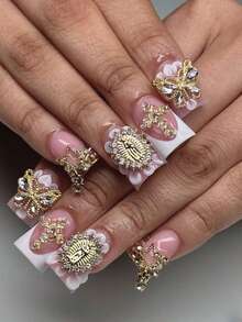 Bộ 10 móng giả hình miệng vịt thủ công, phong cách Y2K, bao gồm các màu nude, hồng, xanh lá cây, xanh dương nhuộm tie-dye với viền kiểu Pháp, được chạm khắc hoa, giọt nước, chấm bi, sọc cho phụ nữ và bé gái, phù hợp cho tiệc tùng, đám cưới, sử dụng hàng ngày, kèm theo bộ dụng cụ, có thể dùng làm quà tặng. Móng giả dán, dụng cụ làm móng, móng giả thủ công. - Vàng - Xem 3