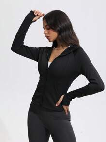 女士秋冬瑜伽外套，运动跑步骑行外套，保暖长袖健身拇指孔外套，拉链上衣，抓绒 - 黑色 - 查看 7