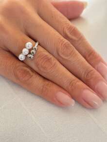 Women's Adjustable Double Ring With Pearls And Smooth Spheres, Gold Or Silver Plated, Minimalist, Delicate, Luxury - Bạc - Xem 6
