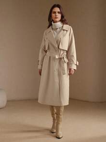 Casaco trench coat longo e simples feminino Risissida para primavera e outono, com cinto e bolsos, adequado para qualquer ocasião. - Bege - Ver 2