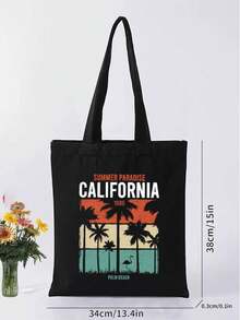1pc Fashionable Casual Versatile Black Canvas Shoulder Bag, California Coconut Tree Beach Vacation Style - Black - View 6